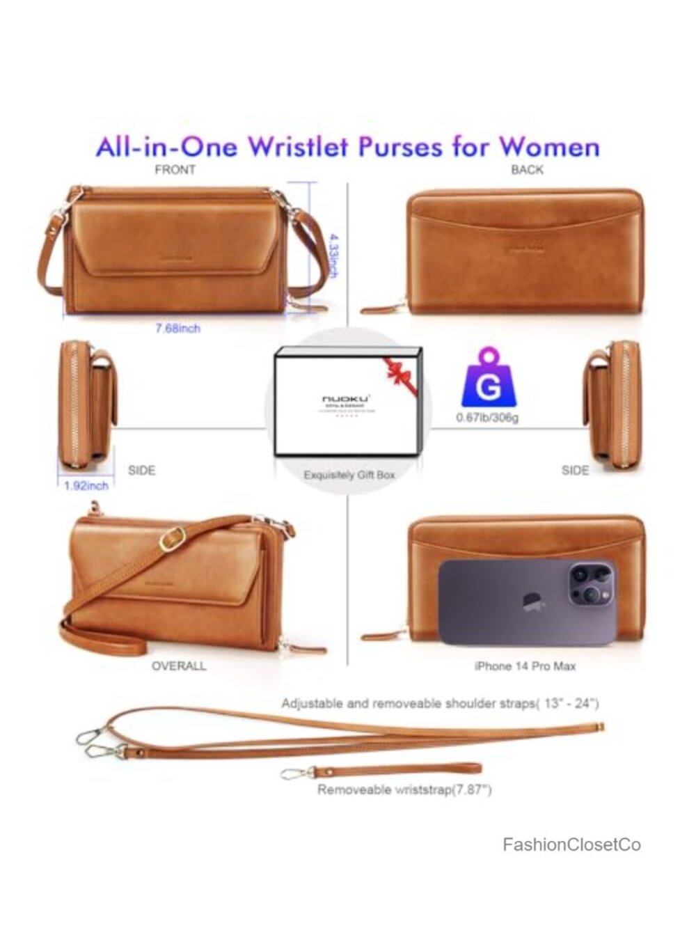 RFID Blocking Wristlet Wallet, Zip-Around Crossbody Clutch with 2 Removable - Picture 3 of 6